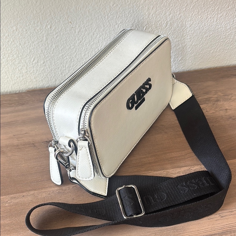 GUESS White Camera Crossbody with Black Webbing Strap